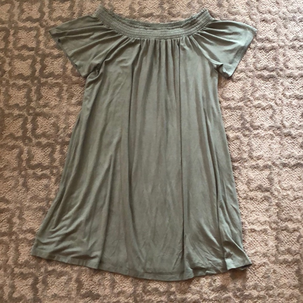 Olive Green 100% Cotton Off-the-Shoulder Dress